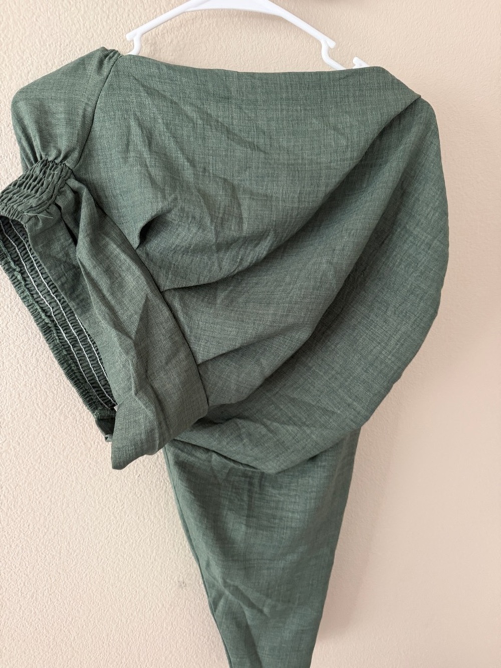 Off-Shoulder Smocked Sleeve Top in Olive Green